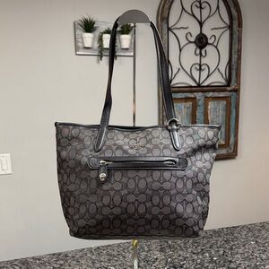 Coach Taylor Canvas Tote with Black leather trim signature jacquard EUC